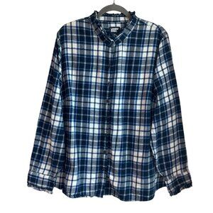 Lands' End Women 3X Blue Plaid Button Flannel Shirt Ruffled Collar Cotton